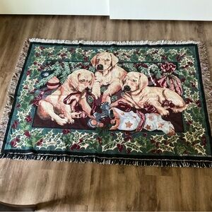 VTG Christmas Throw PUPPY DOG Tapestry Woven Blanket Holiday Crown Crafts Cotton